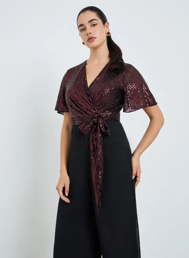 Women Burgundy Sequin Wrap Front Jumpsuit